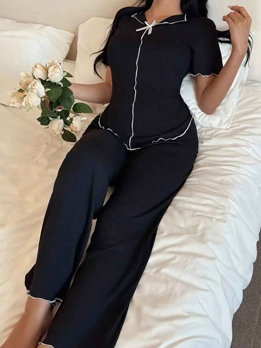 Womens Black Short Sleeve Pajama Set With Contrast Trim And Casual Style
Womens Black Short Sleeve Pajama Set With Contrast Trim And Casual Style