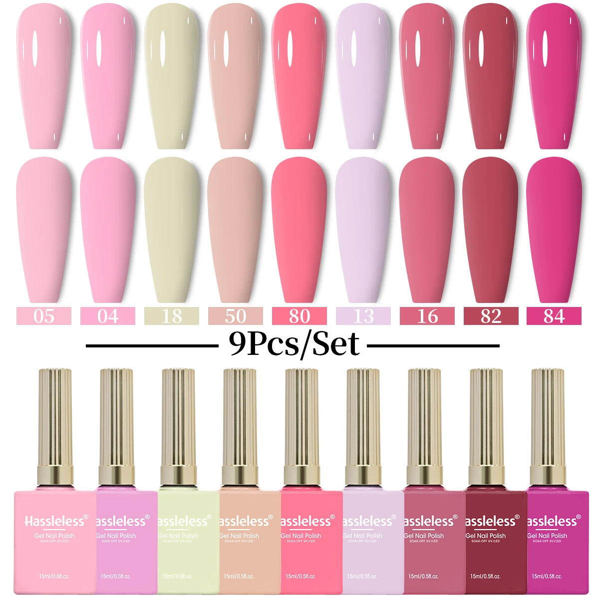 Hassleless Solid Color Gel Nail Set (9 tubes - 15ml each) - Alcohol-free formula, long-lasting shine, requires LED lighting. Sui
Hassleless Solid Color Gel Nail Set (9 tubes - 15ml each) - Alcohol-free formula, long-lasting shine, requires LED lighting. Sui