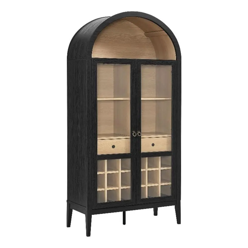 Nolan Modern Farmhouse Arched Bar Cabinet in Black Wood Grain 72 Inch Tall Wine Storage Cabinet with Glass Doors and Wine Rack
Nolan Modern Farmhouse Arched Bar Cabinet in Black Wood Grain 72 Inch Tall Wine Storage Cabinet with Glass Doors and Wine Rack