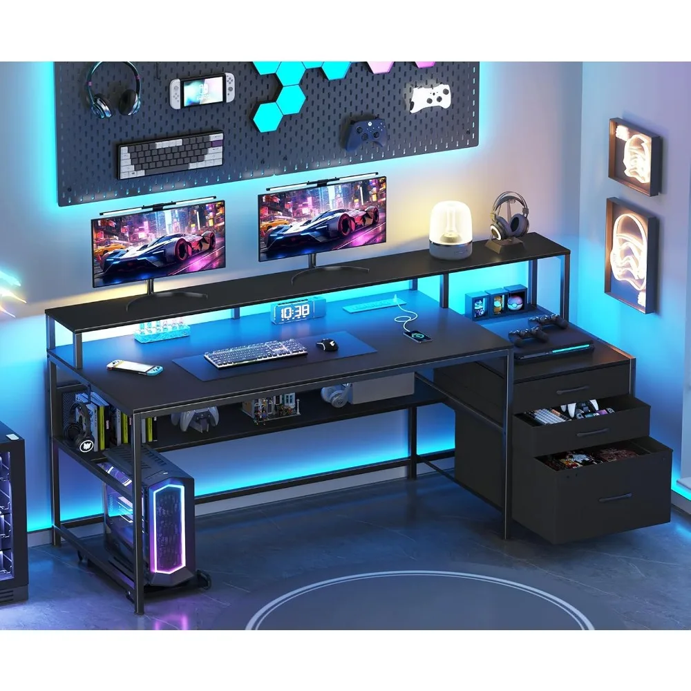 computer desk with LED lights, power outlets, 3 drawers, storage shelf, gaming desk, monitor stand
computer desk with LED lights, power outlets, 3 drawers, storage shelf, gaming desk, monitor stand