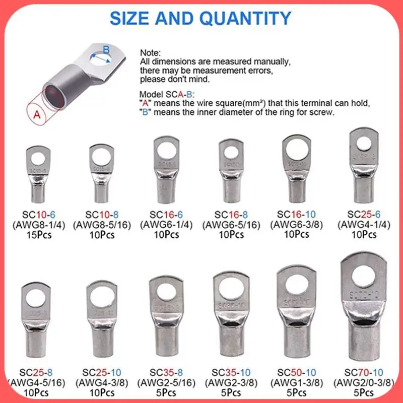 AA89-105Pcs 12 Type Heavy Duty Lugs Battery Cable Tinned Copper Eyelets Tubular SC Ring Terminals Connectors
AA89-105Pcs 12 Type Heavy Duty Lugs Battery Cable Tinned Copper Eyelets Tubular SC Ring Terminals Connectors
