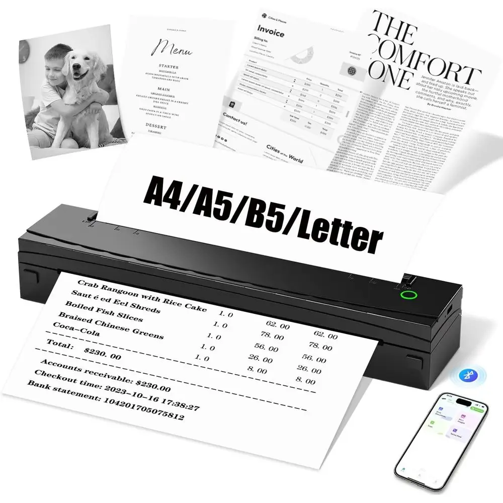 Wireless Thermal Printer, D80 Model, Compatible with iOS/Android/Laptops, Supports US Letter/A4/A5, Ideal for Home, Office, and
Wireless Thermal Printer, D80 Model, Compatible with iOS/Android/Laptops, Supports US Letter/A4/A5, Ideal for Home, Office, and