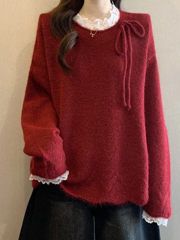 Red Lace-Edged Knot Sweater Women's Loose Fit Long Sleeve round Neck Soft Breathable Winter Fashion Casual Top
Red Lace-Edged Knot Sweater Women's Loose Fit Long Sleeve round Neck Soft Breathable Winter Fashion Casual Top