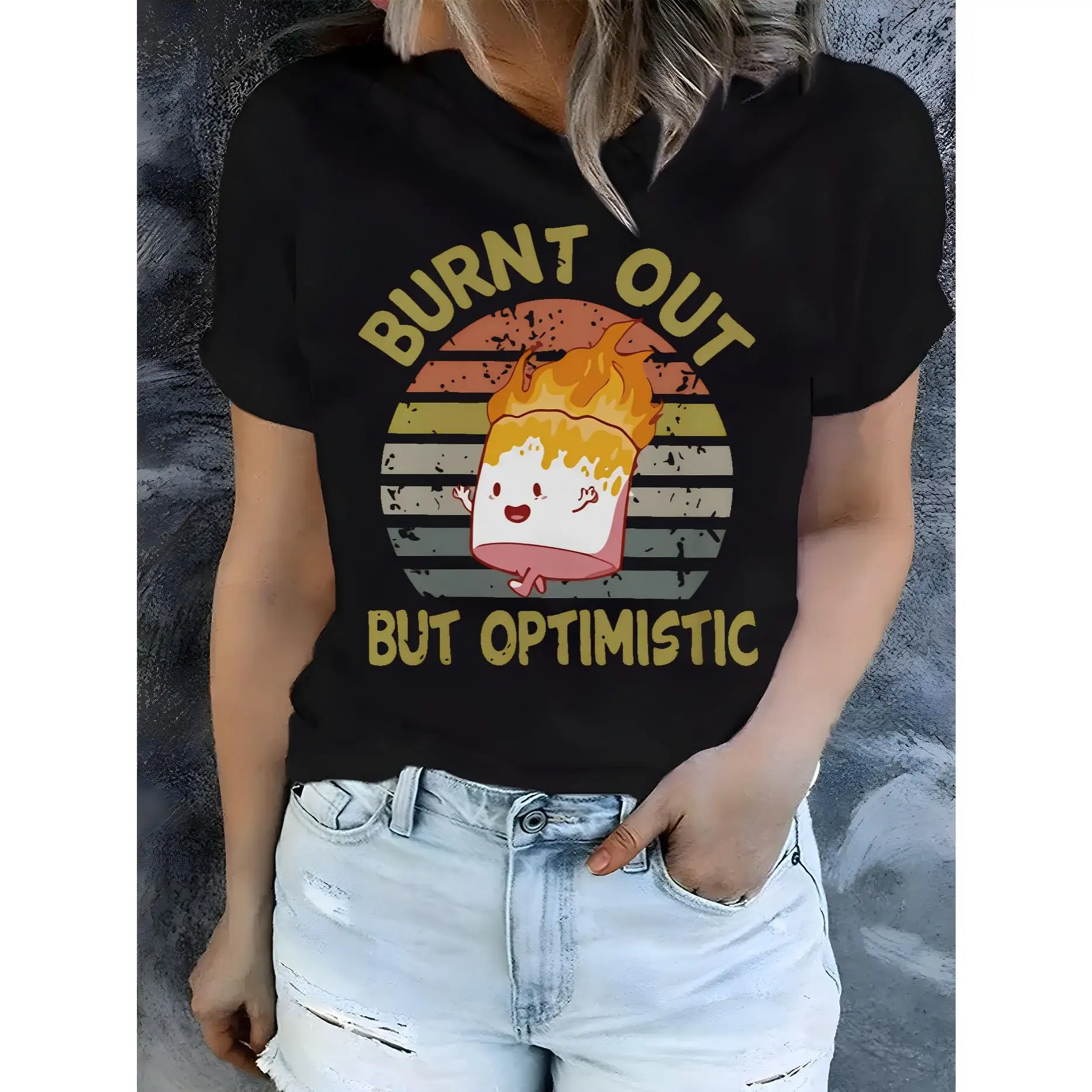 Women'S Elegant Polyester Graphic T-Shirt - "Burnt Out But Optimistic" Design With Cartoon Pig & Flames, Crew Neck, Short Sleeve
Women'S Elegant Polyester Graphic T-Shirt - "Burnt Out But Optimistic" Design With Cartoon Pig & Flames, Crew Neck, Short Sleeve