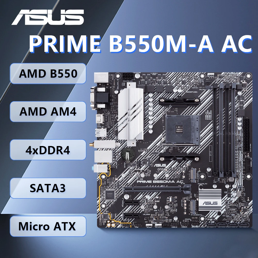 ASUS PRIME B550M-A AC Motherboard Motherboard 4×DDR4 DIMM 128G 4600(OC)MHz ,M.2, support AMD Ryzen 4000G 5000 CPU PCI-E 4.0.
ASUS PRIME B550M-A AC Motherboard Motherboard 4×DDR4 DIMM 128G 4600(OC)MHz ,M.2, support AMD Ryzen 4000G 5000 CPU PCI-E 4.0.