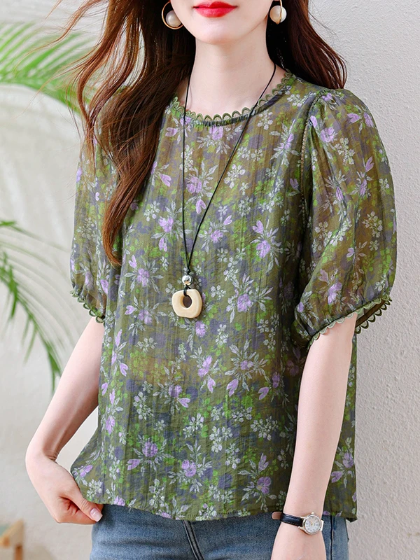 Summer New Green Floral Print Bubble Sleeve Lace Trim round Neck Cover up Shirt Women's Casual Style Polyester Fiber Blouse
Summer New Green Floral Print Bubble Sleeve Lace Trim round Neck Cover up Shirt Women's Casual Style Polyester Fiber Blouse