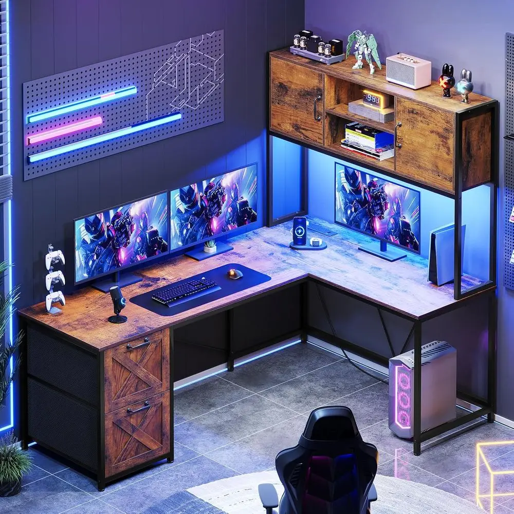 Rustic Brown 62.2 L-Shaped Office Desk with Fabric Drawers, Power Outlet, Hutch, Storage Shelves, and LED Lights
Rustic Brown 62.2 L-Shaped Office Desk with Fabric Drawers, Power Outlet, Hutch, Storage Shelves, and LED Lights