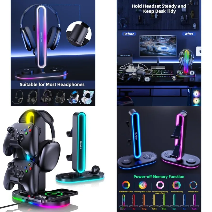 4-in-1 RGB Gaming Headphone Stand with Dual Controller Holder, Wireless Charger for iPhone/Apple Watch, USB-A and USB-C Outputs
4-in-1 RGB Gaming Headphone Stand with Dual Controller Holder, Wireless Charger for iPhone/Apple Watch, USB-A and USB-C Outputs