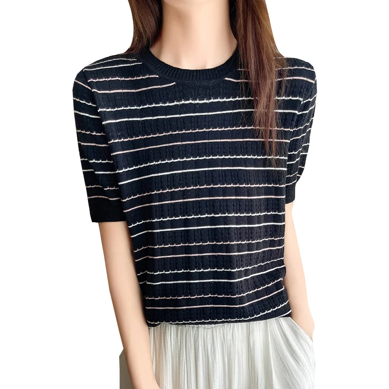 Ladies' 100% Cotton Striped Short-Sleeved T-shirt Round Neck Summer Knitted Half Sleeves Thin Cotton Thread Tops Loose Shirts
Ladies' 100% Cotton Striped Short-Sleeved T-shirt Round Neck Summer Knitted Half Sleeves Thin Cotton Thread Tops Loose Shirts