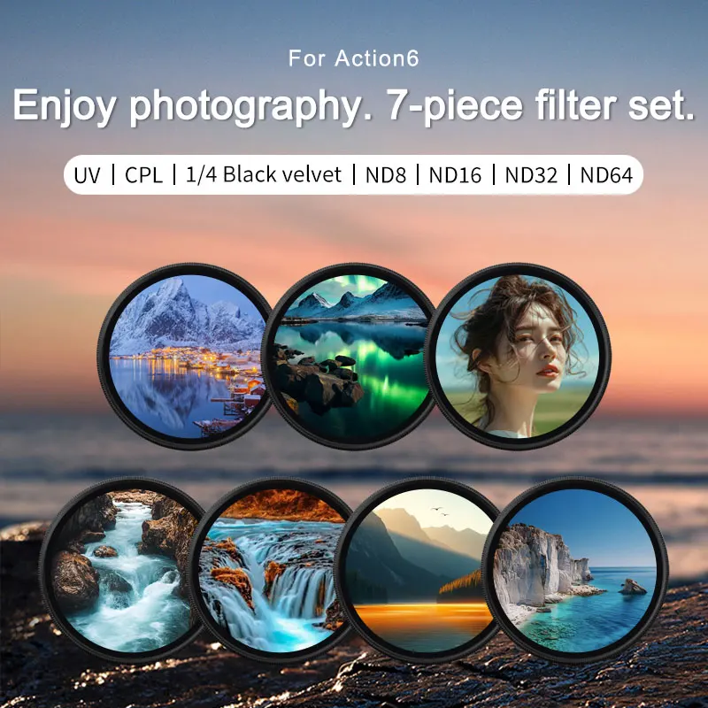Filter Kit for DJI Osmo Action 6 – ND, CPL UV Lens Filters, Snap-On/HD Optical Glass/Multi-Coated Filters Set Accessories
Filter Kit for DJI Osmo Action 6 – ND, CPL UV Lens Filters, Snap-On/HD Optical Glass/Multi-Coated Filters Set Accessories