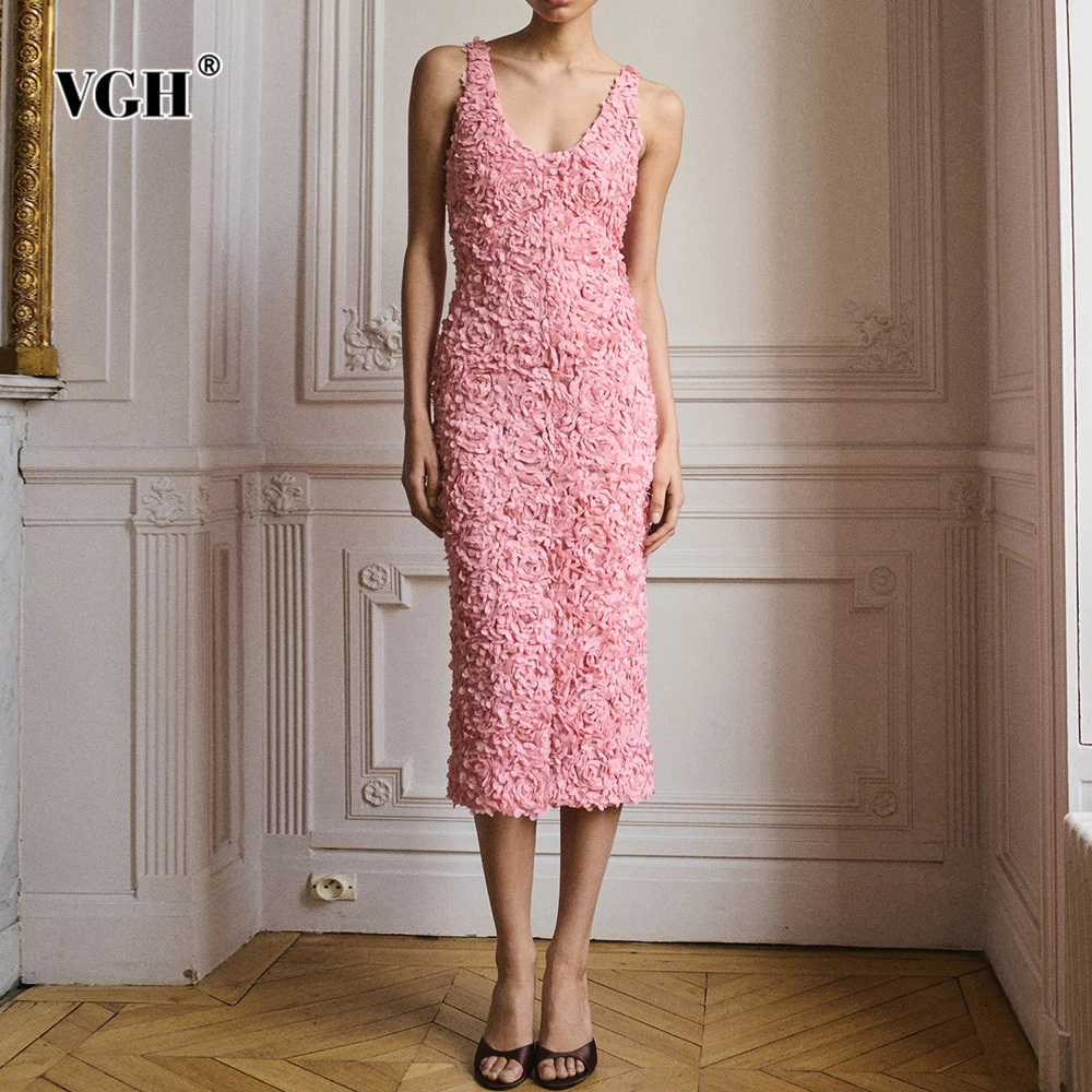VGH Solid Spliced 3D Rose Evening Dresses for Women V Neck Sleeveless High Waist Temperament Bodycon Mid Dress Female Summer New
VGH Solid Spliced 3D Rose Evening Dresses for Women V Neck Sleeveless High Waist Temperament Bodycon Mid Dress Female Summer New
