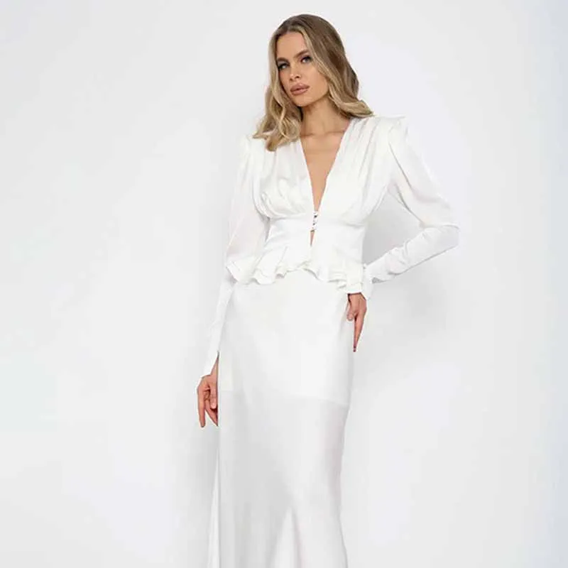 Women White Shirt Deep V Neck Long Sleeve Ruffle Hem T-Shirts Button Cinched Waist Peplum Top Elegant Summer Party Formal Wear
Women White Shirt Deep V Neck Long Sleeve Ruffle Hem T-Shirts Button Cinched Waist Peplum Top Elegant Summer Party Formal Wear 