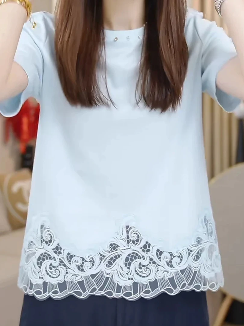 Fashionable Lace Splicing Short Sleeve T-Shirt Design Summer New Style Korean Version High Waist A-Line Skirt Commute Style
Fashionable Lace Splicing Short Sleeve T-Shirt Design Summer New Style Korean Version High Waist A-Line Skirt Commute Style