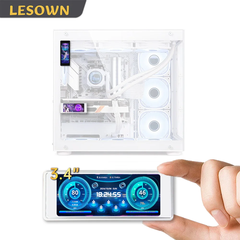 LESOWN 3.4 Inch 376x960 IPS USB Mini Screen LCD Real-Time CPU/GPU Temp Display Computer Case Secondary Screen for PC Computer