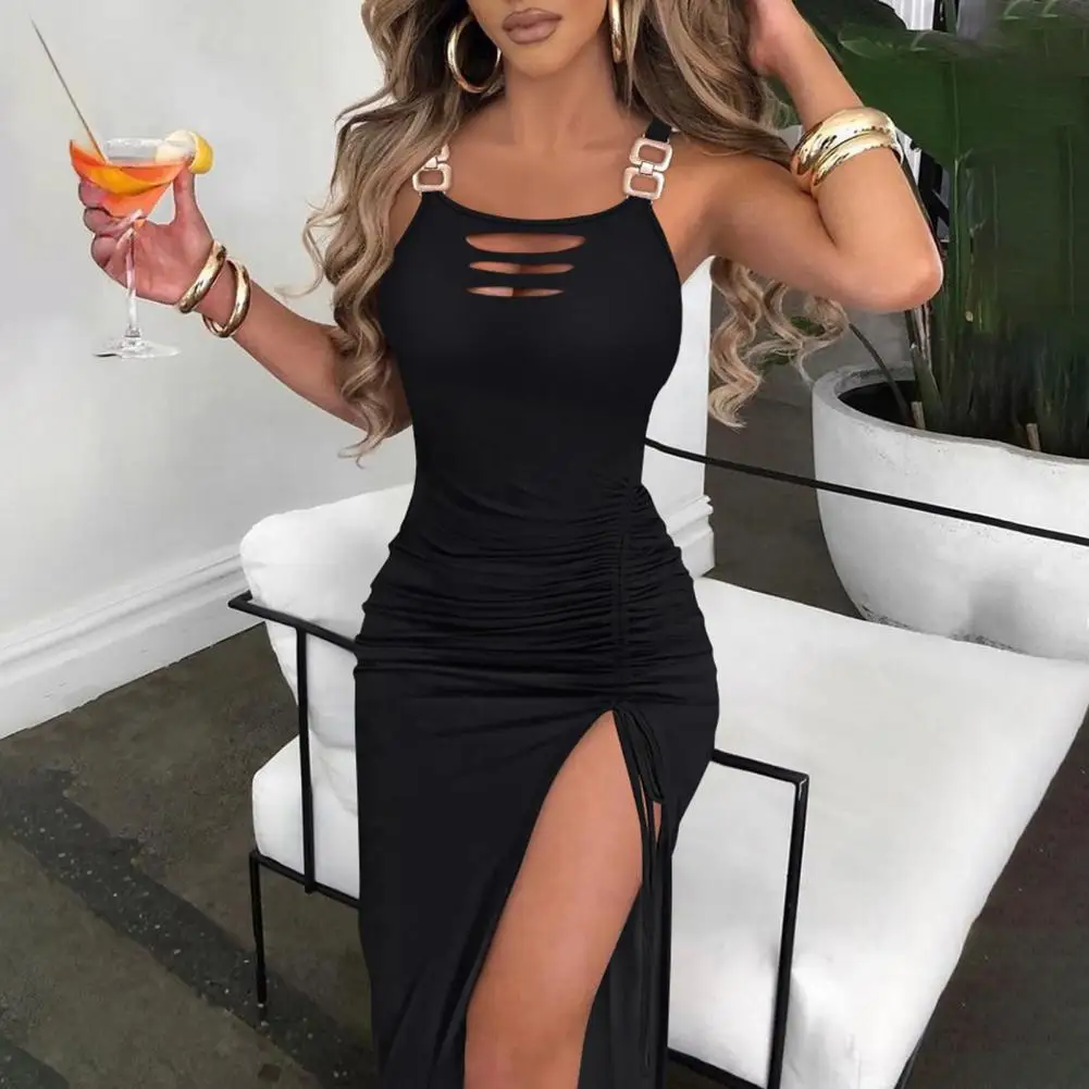 Women Dress Skinny Sleeveless Metal Chain Decor Backless High Split Bodycon Dress Hollow Out Pleated Party Beach Midi Vestidos
Women Dress Skinny Sleeveless Metal Chain Decor Backless High Split Bodycon Dress Hollow Out Pleated Party Beach Midi Vestidos