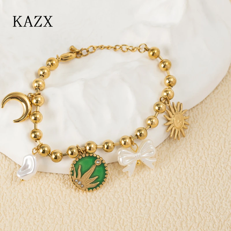 KAZX Elegant Gold Stainless Steel Beaded Bracelet with Moon Sun Bow Adjustable Chain Women's Daily Wear Jewelry Gift
KAZX Elegant Gold Stainless Steel Beaded Bracelet with Moon Sun Bow Adjustable Chain Women's Daily Wear Jewelry Gift