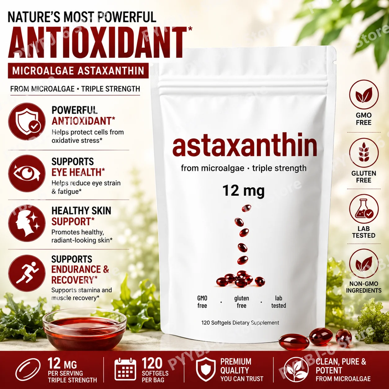 Astaxanthin 12mg from Microalgae Triple Strength Softgels Antioxidant Eye Skin Wellness Support GMO Gluten Free 120 Count
Astaxanthin 12mg from Microalgae Triple Strength Softgels Antioxidant Eye Skin Wellness Support GMO Gluten Free 120 Count