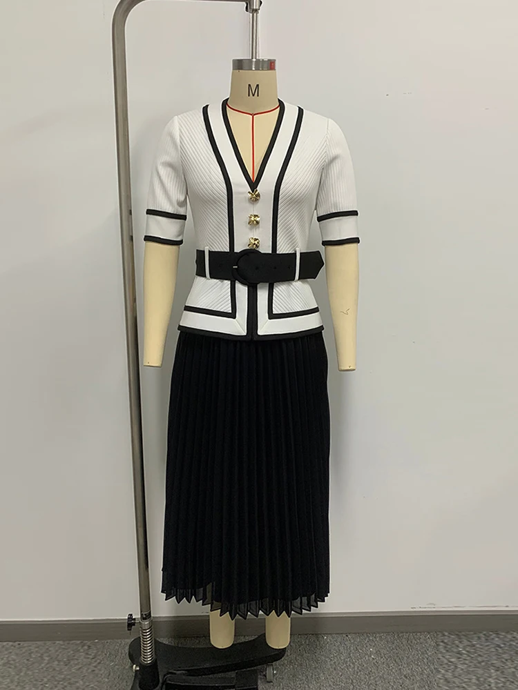 Women Two-Tone Pleated Two-Piece Set – Elegant V Neck Knit Top with Belted Waist + Black Pleated Skirt Woman Clothing
Women Two-Tone Pleated Two-Piece Set – Elegant V Neck Knit Top with Belted Waist + Black Pleated Skirt Woman Clothing