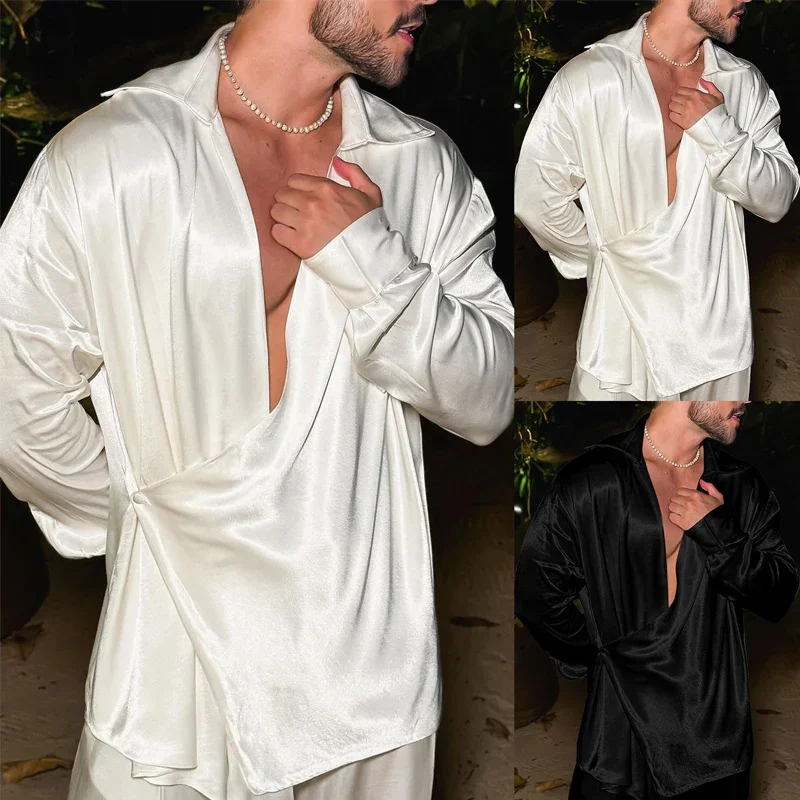 Spring Autumn Trendy Irregular Shirts for Mens Streetwear Vintage Turn-down Collar Thin Silk Cardigan Tops Men Sexy Loose Shirt
Spring Autumn Trendy Irregular Shirts for Mens Streetwear Vintage Turn-down Collar Thin Silk Cardigan Tops Men Sexy Loose Shirt
