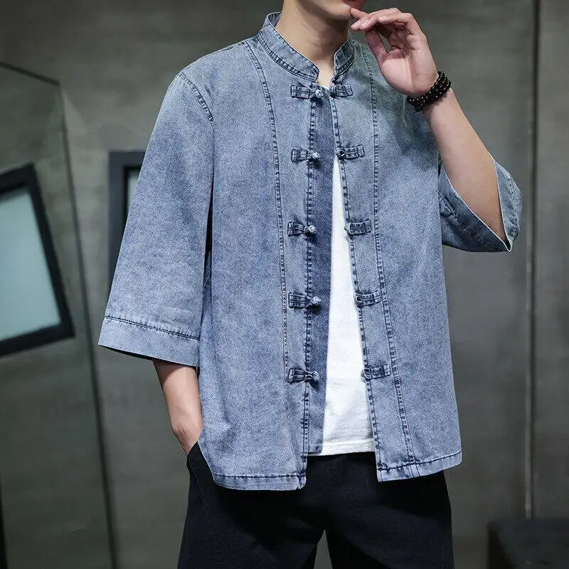 Men's Retro Denim Short Sleeve Shirt Large Size Buttoned Tang Suit New Chinese Style Top Seven-Sleeve Coat Summer Cotton Blend
Men's Retro Denim Short Sleeve Shirt Large Size Buttoned Tang Suit New Chinese Style Top Seven-Sleeve Coat Summer Cotton Blend