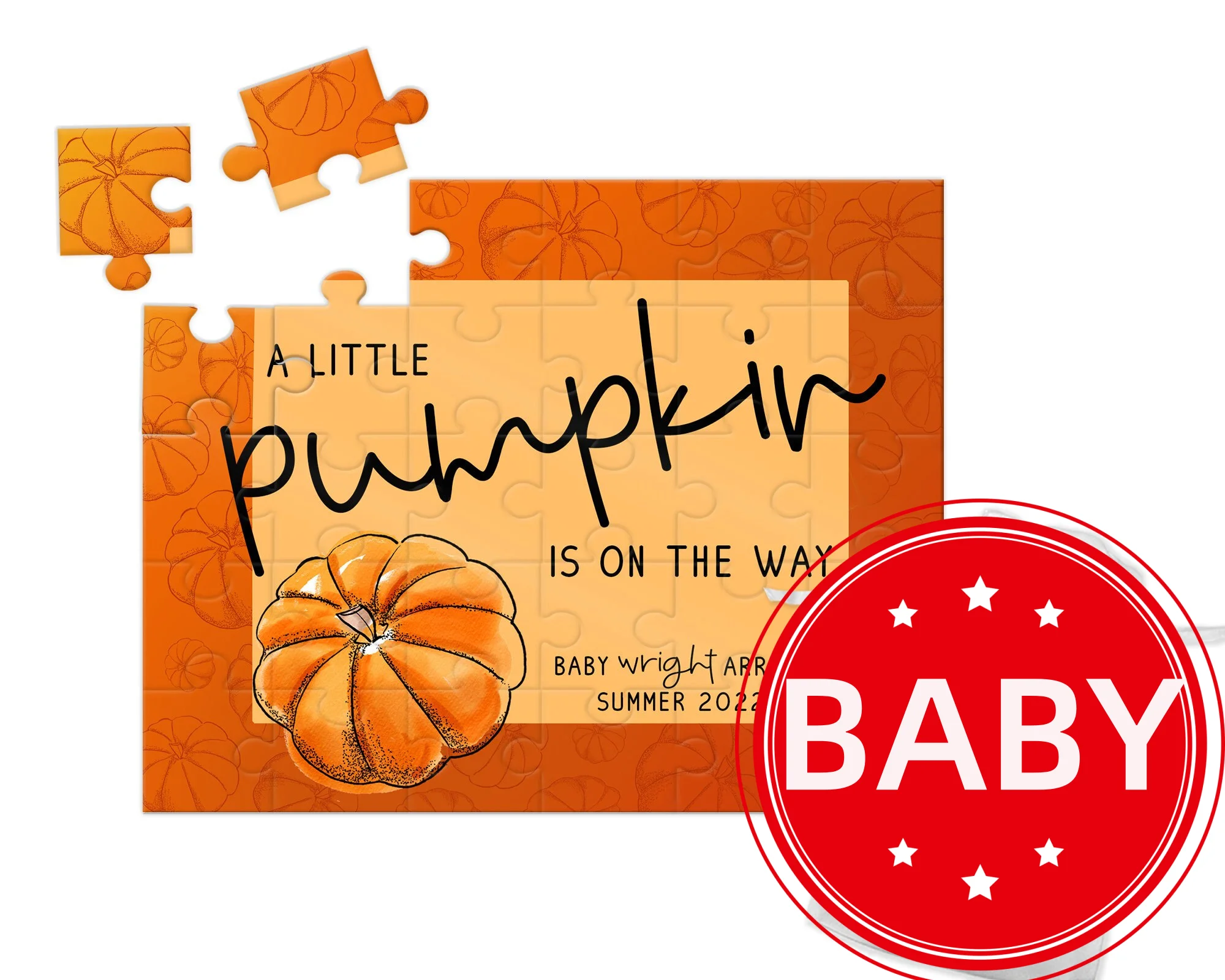 25*20CM Pumpkin Baby Announcement Puzzle, Personalized Pregnancy "We're Expecting" Gift Baby Coming Soon, Custom 5*6PCs Puzzles
25*20CM Pumpkin Baby Announcement Puzzle, Personalized Pregnancy "We're Expecting" Gift Baby Coming Soon, Custom 5*6PCs Puzzles