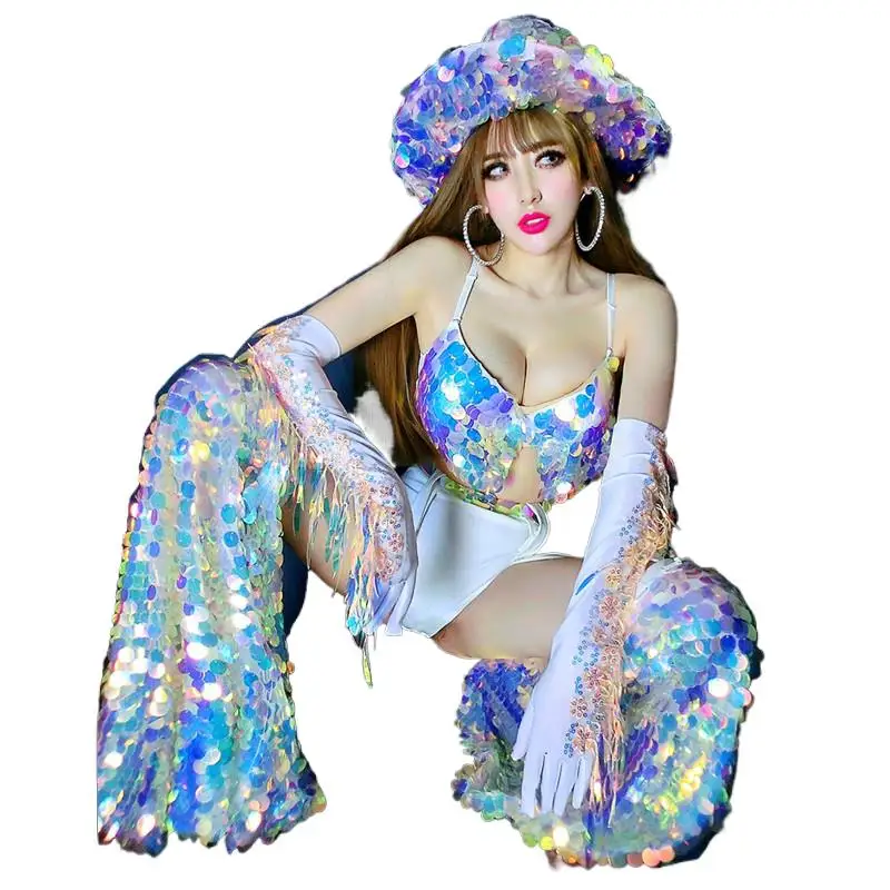 Sexy DJ Nightclub Bar Stage Wear Women Singer Dancer Costume Glitter Scale Sequins Bikini Tassel Gloves Leading Dance Outfit
Sexy DJ Nightclub Bar Stage Wear Women Singer Dancer Costume Glitter Scale Sequins Bikini Tassel Gloves Leading Dance Outfit