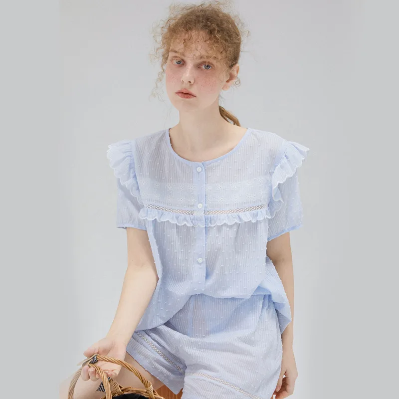 Fashion Cassual Cotton Short Sleeve Pajama Sets For Women Sky Blue Loose Nightwear Summer Comfortable Shorts Pyjamas
Fashion Cassual Cotton Short Sleeve Pajama Sets For Women Sky Blue Loose Nightwear Summer Comfortable Shorts Pyjamas