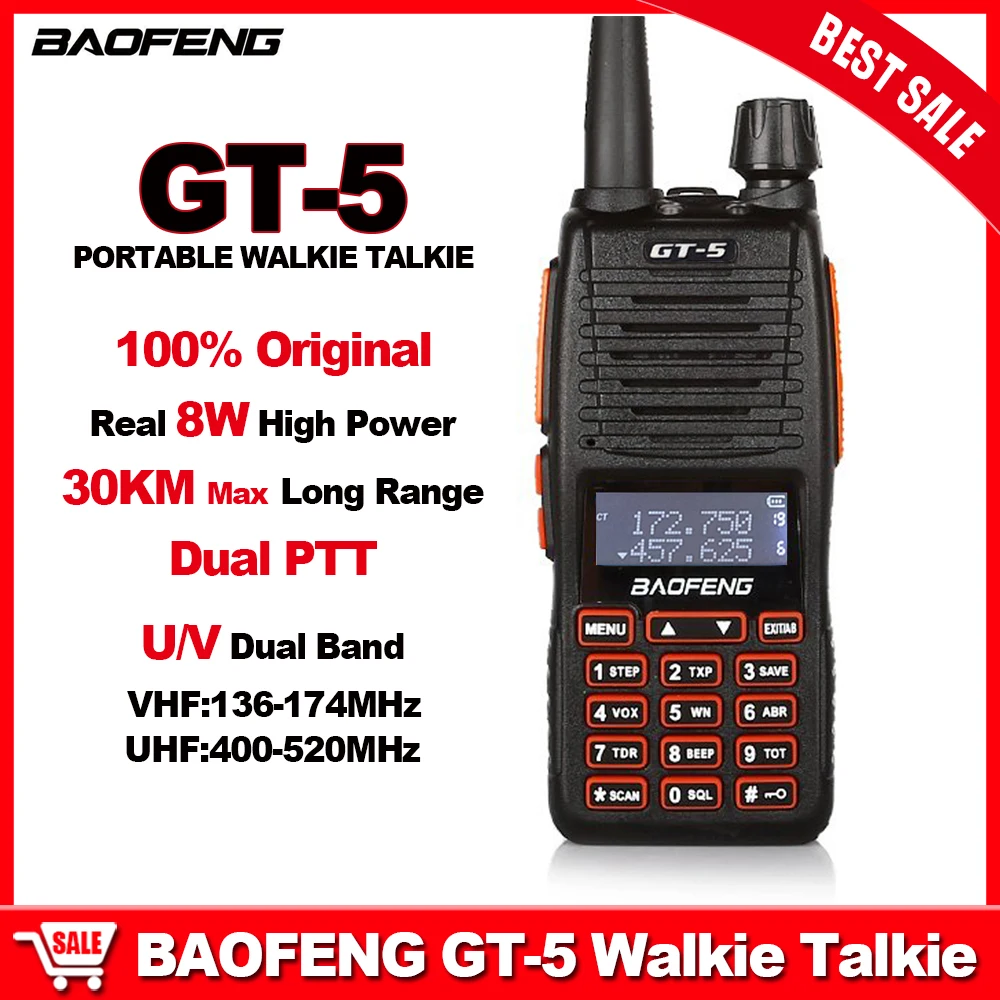 Оригинальная рация BAOFENG GT-5 Real, 8 Вт, трехрежимная УФ-мощность, двухдиапазонная, двойная PTT, 2-сторонняя радиостанция GT5, коммуникационные радиостанции дальнего действия
Оригинальная рация BAOFENG GT-5 Real, 8 Вт, трехрежимная УФ-мощность, двухдиапазонная, двойная PTT, 2-сторонняя радиостанция GT5, коммуникационные радиостанции дальнего действия