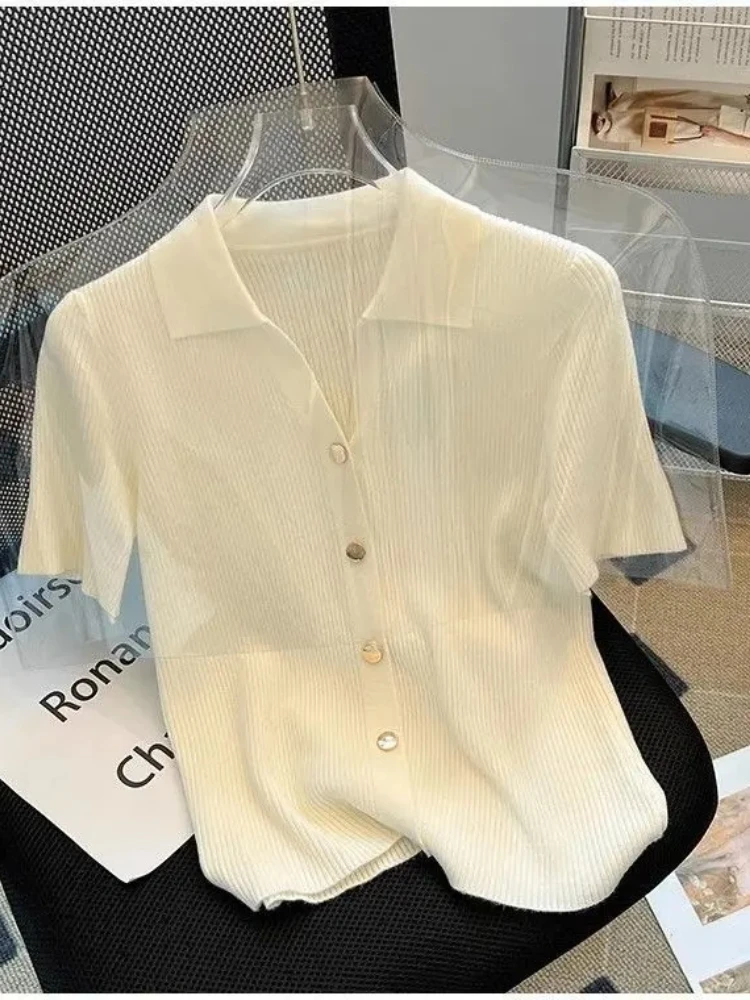 Women Slim Lightweight Knit Sweater Pullover Cream Polo Collar Ribbed Button Front Short Sleeve Stretch Elegant Daily Blouse Top
Women Slim Lightweight Knit Sweater Pullover Cream Polo Collar Ribbed Button Front Short Sleeve Stretch Elegant Daily Blouse Top