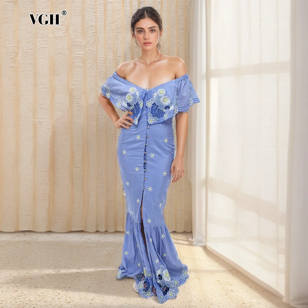 VGH Floral Embroidery Mermaid Dresses For Women Slash Neck Short Sleeve High Waist Spliced Button Slim Vintage Dress Female
VGH Floral Embroidery Mermaid Dresses For Women Slash Neck Short Sleeve High Waist Spliced Button Slim Vintage Dress Female
