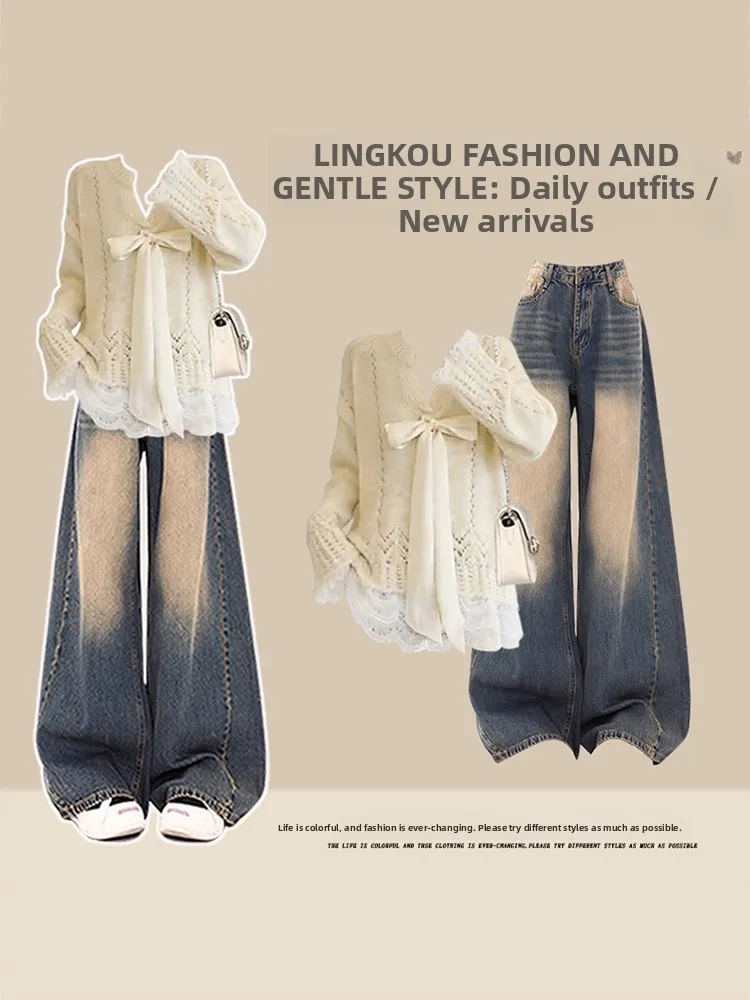 Elegant Lace Splice Knot Hollow Knitted Sweater Slimming Jeans Two-Piece Set plus Size Spring Fashion Women's Ensemble
Elegant Lace Splice Knot Hollow Knitted Sweater Slimming Jeans Two-Piece Set plus Size Spring Fashion Women's Ensemble