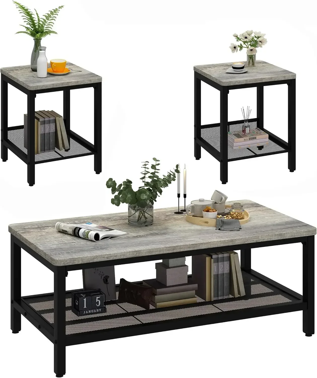 Coffee Table Set of 3, Industrial Coffee Table with 2 Square End Side Tables, Modern Living Room Table Set with Metal Frame for
Coffee Table Set of 3, Industrial Coffee Table with 2 Square End Side Tables, Modern Living Room Table Set with Metal Frame for