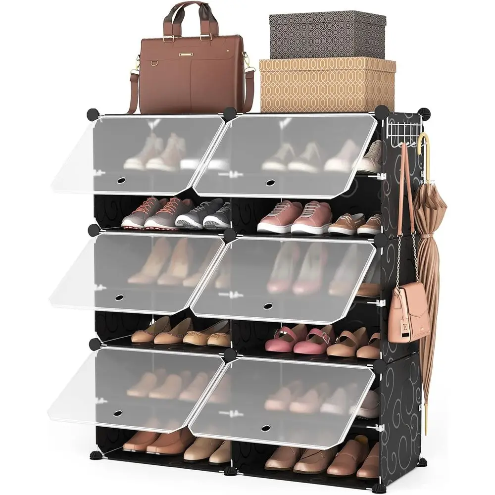 6-Tier Expandable Shoe Rack Organizer for 24 Pairs, Stackable Storage Cabinet with Hooks, Black
6-Tier Expandable Shoe Rack Organizer for 24 Pairs, Stackable Storage Cabinet with Hooks, Black