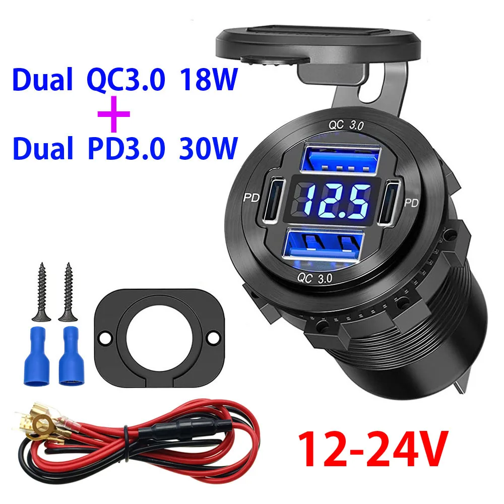 Dual PD 30W Dual QC3.0 18W USB Car Charging Connector with Voltmeter Socket Power Outlet Adapter Waterproof for 12V/24V Car Boat
Dual PD 30W Dual QC3.0 18W USB Car Charging Connector with Voltmeter Socket Power Outlet Adapter Waterproof for 12V/24V Car Boat