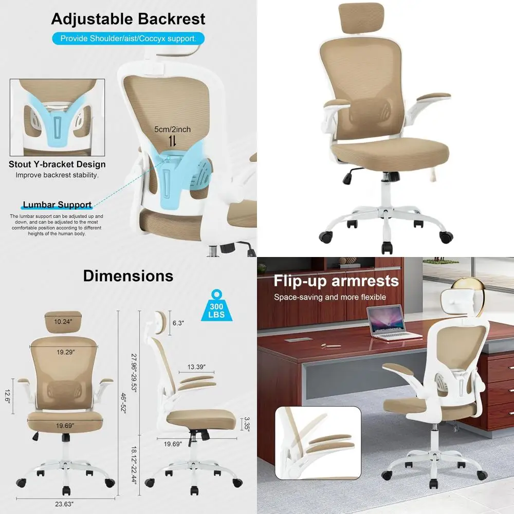 High Back Mesh Ergonomic Office Chair with Flip-up Armrests and Headrest, Rolling Task Chair for Home Office, White & Khaki
High Back Mesh Ergonomic Office Chair with Flip-up Armrests and Headrest, Rolling Task Chair for Home Office, White & Khaki