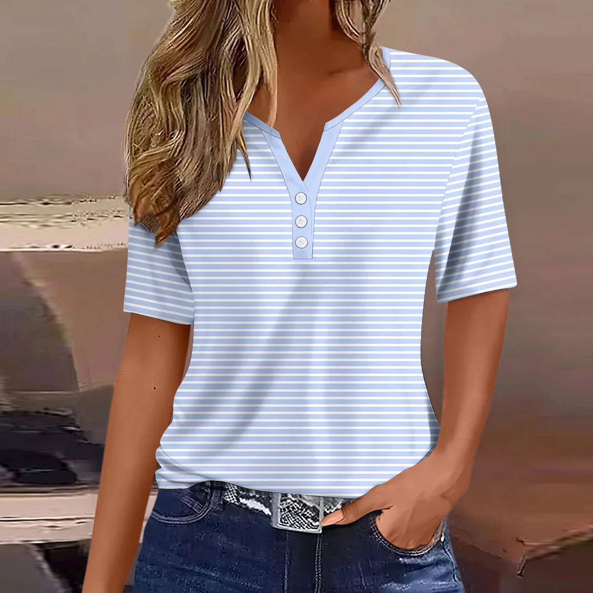 2026 Summer new fashion women's V-neck short sleeve printed elegant casual button t-shirt
2026 Summer new fashion women's V-neck short sleeve printed elegant casual button t-shirt