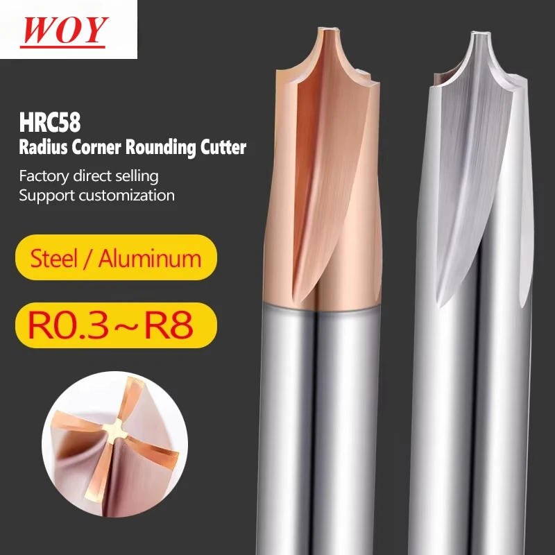 WOY HRC58 Carbide Radius Corner Rounding Cutter End Mill CNC Tool inner R0.3 R0.5 Chamfering Outside Radii Quarter Circle Router
WOY HRC58 Carbide Radius Corner Rounding Cutter End Mill CNC Tool inner R0.3 R0.5 Chamfering Outside Radii Quarter Circle Router
