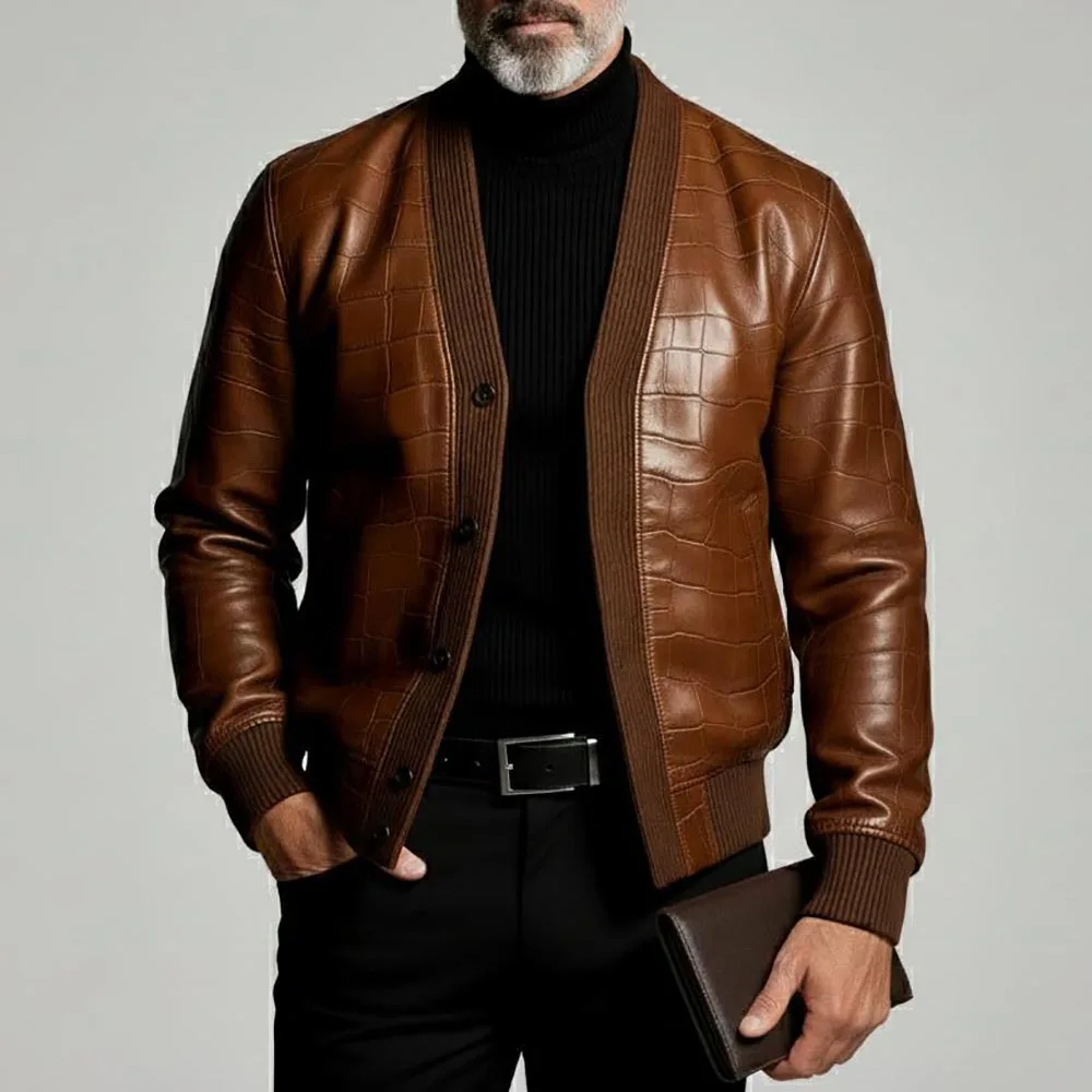 Men Brown Faux Crocodile Pattern Bomber Jacket Spring V-Neck Button-Up Pu Leather Outerwear Vintage Cardigan Casual Jacket Coat
Men Brown Faux Crocodile Pattern Bomber Jacket Spring V-Neck Button-Up Pu Leather Outerwear Vintage Cardigan Casual Jacket Coat