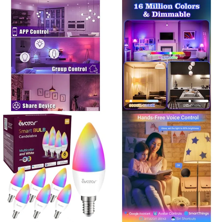 6 Pack E12 Smart Candelabra Light Bulbs RGB + Tunable White Type B Smart LED Bulb Music Sync, Schedule and Group Control, Candl
6 Pack E12 Smart Candelabra Light Bulbs RGB + Tunable White Type B Smart LED Bulb Music Sync, Schedule and Group Control, Candl