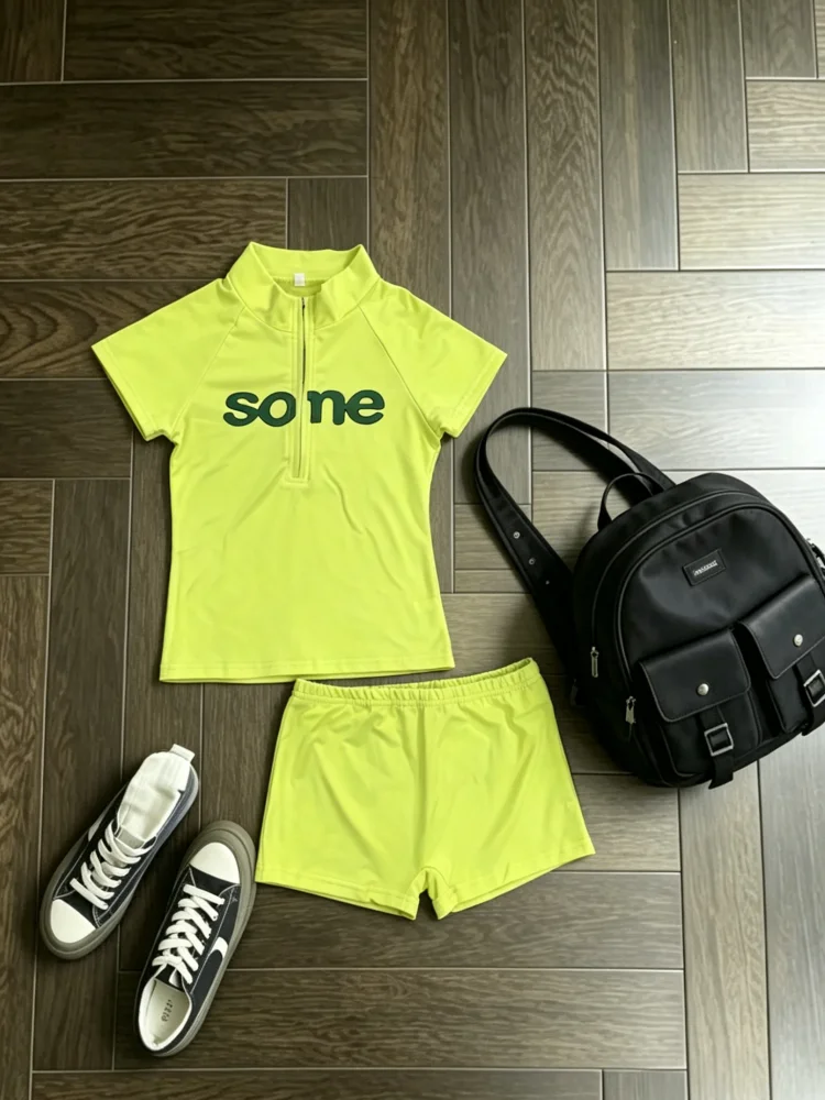 Coquette Neon Green Half Zip Short Sleeve Set Women With Letter Print Detail For Daily Wear And Street Outfit
Coquette Neon Green Half Zip Short Sleeve Set Women With Letter Print Detail For Daily Wear And Street Outfit