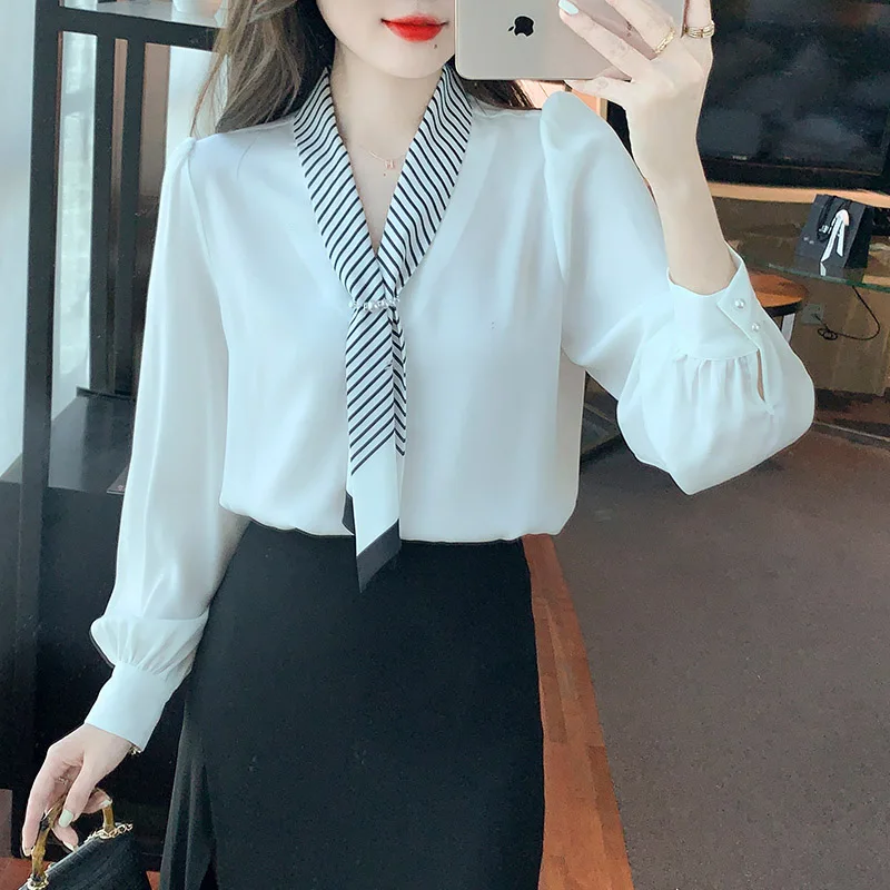 Women Pearl Tie Temperament Elegant Chiffon Shirts Office Lady Spring Casual Fashion Loose Solid Blouse Commuting All-match Tops
Women Pearl Tie Temperament Elegant Chiffon Shirts Office Lady Spring Casual Fashion Loose Solid Blouse Commuting All-match Tops