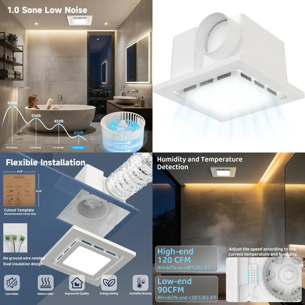 6000K LED Bathroom Exhaust Fan with Humidity Sensor, 120-90cm, 1.0 Sone, Auto Speed, 4 Duct
6000K LED Bathroom Exhaust Fan with Humidity Sensor, 120-90cm, 1.0 Sone, Auto Speed, 4 Duct