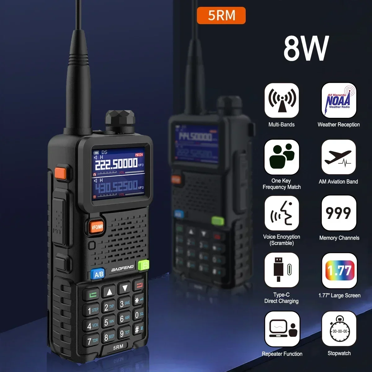 Baofeng UV-5RM 8 Вт с высоким сроком службы батареи, воздушный диапазон, радиолюбитель, шестидиапазонная трехмощная двусторонняя радиостанция, зарядка типа C, NOAA 999CH UV-5RH Pro
Baofeng UV-5RM 8 Вт с высоким сроком службы батареи, воздушный диапазон, радиолюбитель, шестидиапазонная трехмощная двусторонняя радиостанция, зарядка типа C, NOAA 999CH UV-5RH Pro