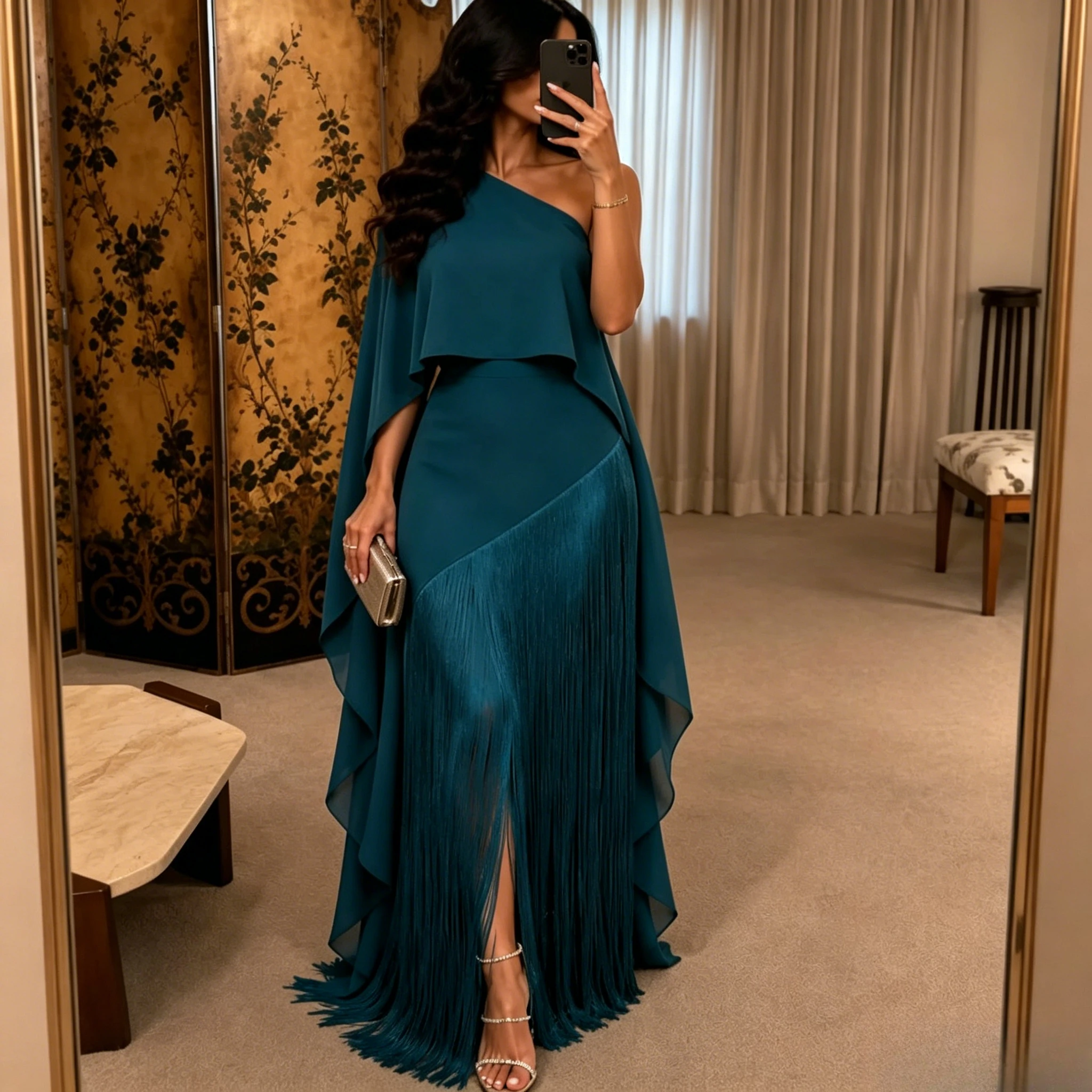 Customized Modern Flowy Evening Dress Featuring Asymmetric One-Shoulder Neckline With Attached Cape Overlay, Fitted Waist,
Customized Modern Flowy Evening Dress Featuring Asymmetric One-Shoulder Neckline With Attached Cape Overlay, Fitted Waist,