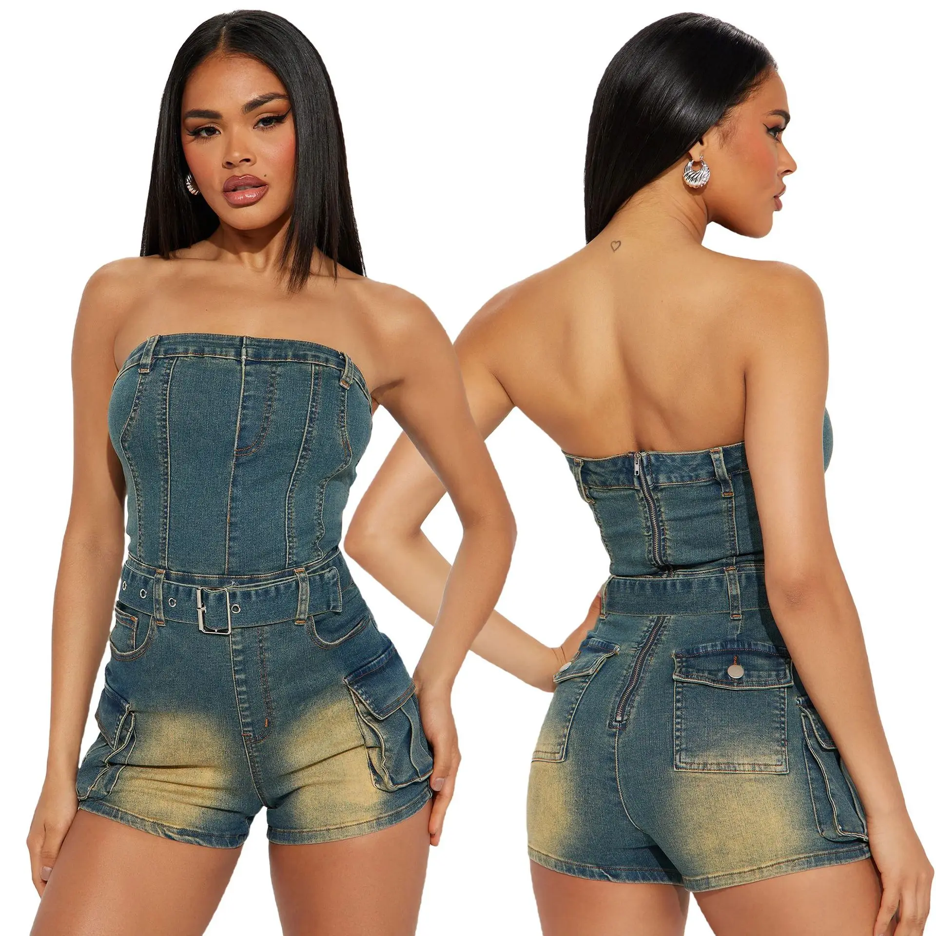 Women Jumpsuits Summer Sexy Tight Sleeveless Strapless Stretch Denim Jumpsuits Streetwear Casual High Waist Pocket Jeans Romper
Women Jumpsuits Summer Sexy Tight Sleeveless Strapless Stretch Denim Jumpsuits Streetwear Casual High Waist Pocket Jeans Romper