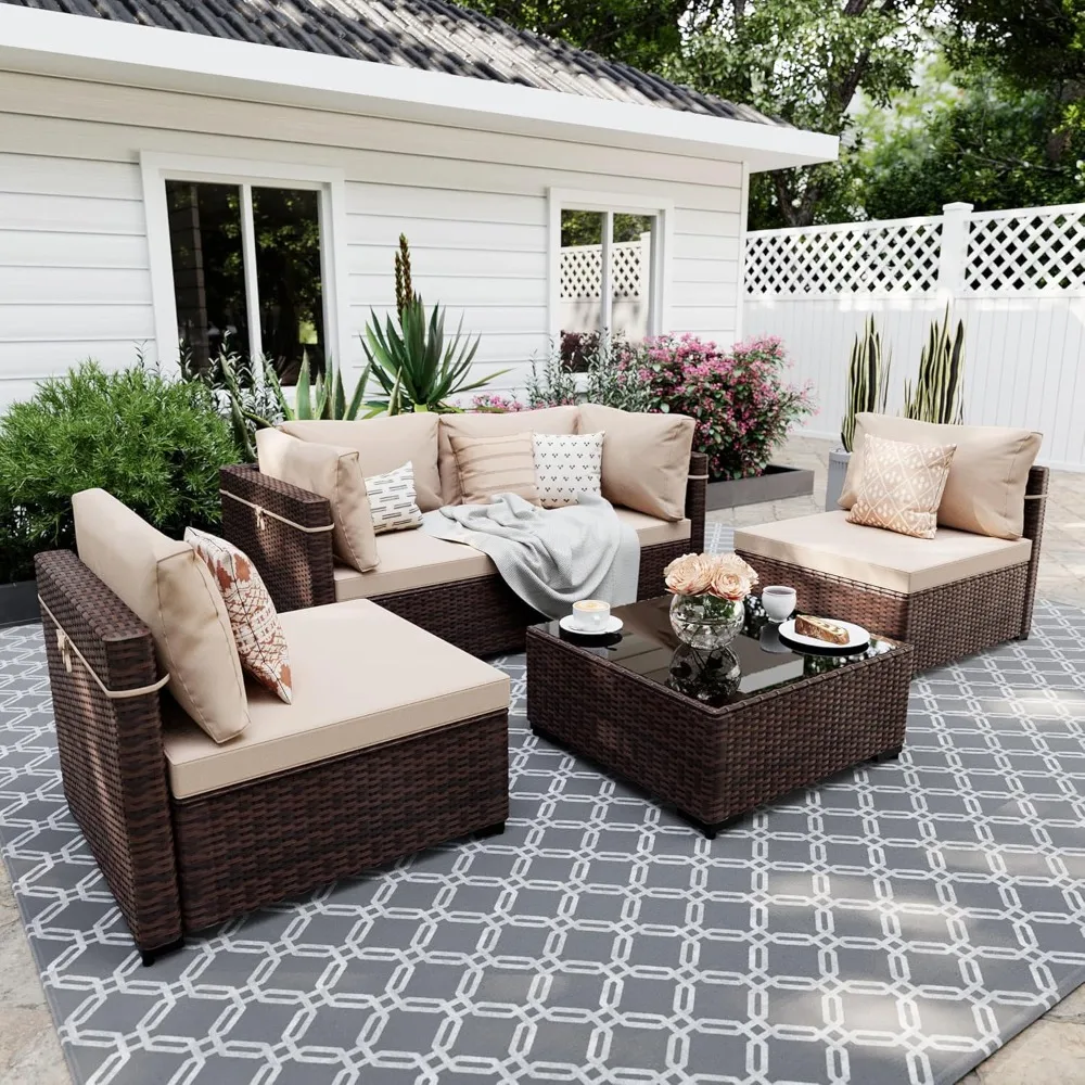 5 Pieces Patio Furniture Sets Sectional Sofa Wicker Conversation Couch for Decks, Brown Rattan, Cushion, Garden Furniture Sets
5 Pieces Patio Furniture Sets Sectional Sofa Wicker Conversation Couch for Decks, Brown Rattan, Cushion, Garden Furniture Sets