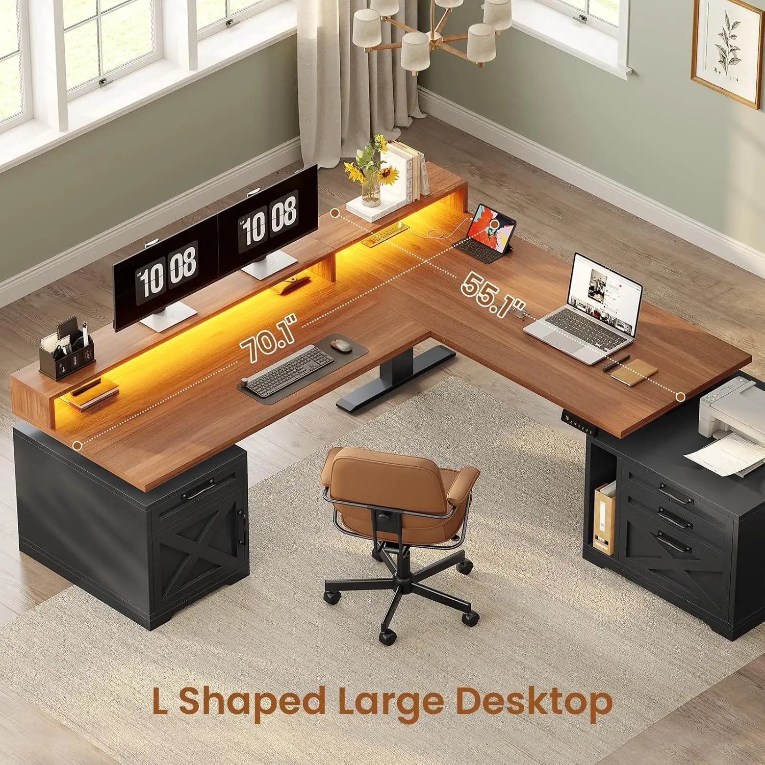 Adjustable L-Shaped Standing Desk with Monitor Shelf, Power Outlet, LED Lights, Black – 70.1' x 73.2'
Adjustable L-Shaped Standing Desk with Monitor Shelf, Power Outlet, LED Lights, Black – 70.1' x 73.2'