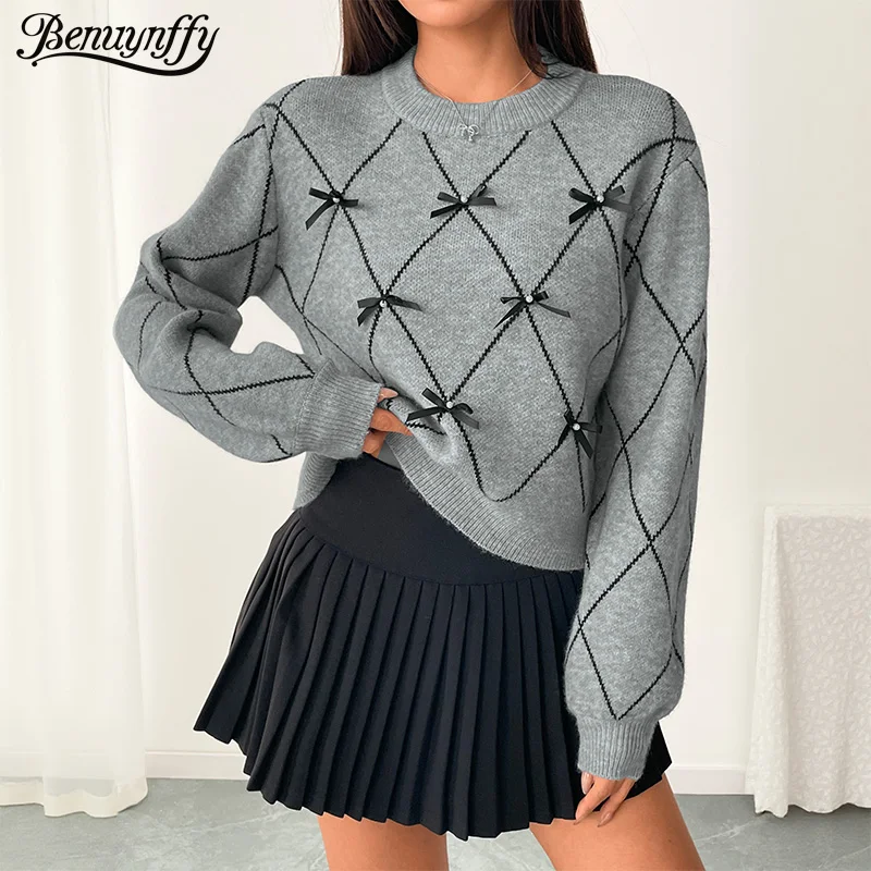 Benuynffy вязаный свитер с круглым вырезом и бантом Argyle, женский 2022, осень-зима, милый повседневный шикарный короткий пуловер с длинными рукавами Y2k 
Benuynffy вязаный свитер с круглым вырезом и бантом Argyle, женский 2022, осень-зима, милый повседневный шикарный короткий пуловер с длинными рукавами Y2k
