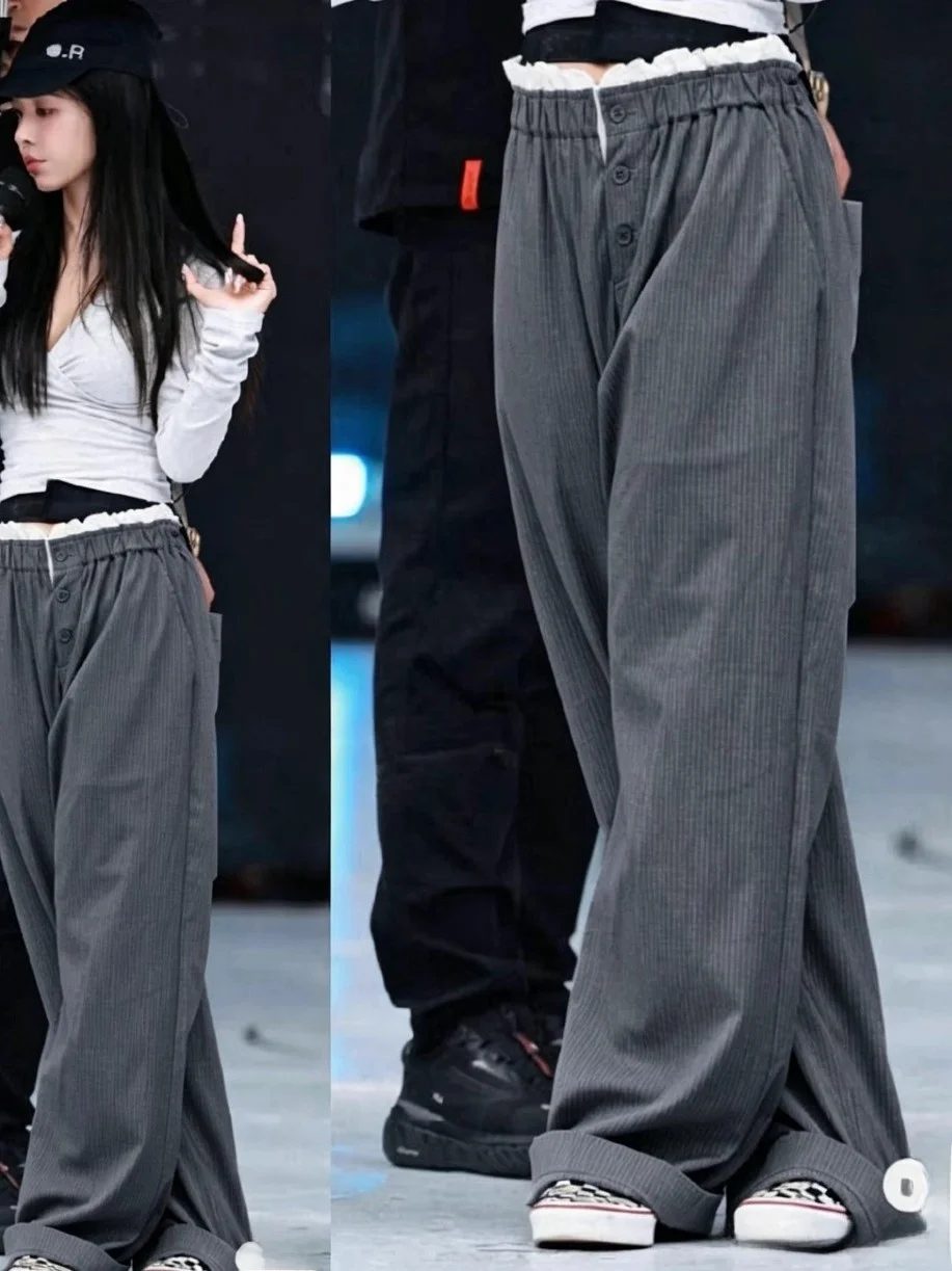 EXJR Jolin Tsai Summer Grey Stripe Ruffle Splicing Wide Leg Pants Casual Trousers Women's Casual Style Natural Waist Button
EXJR Jolin Tsai Summer Grey Stripe Ruffle Splicing Wide Leg Pants Casual Trousers Women's Casual Style Natural Waist Button