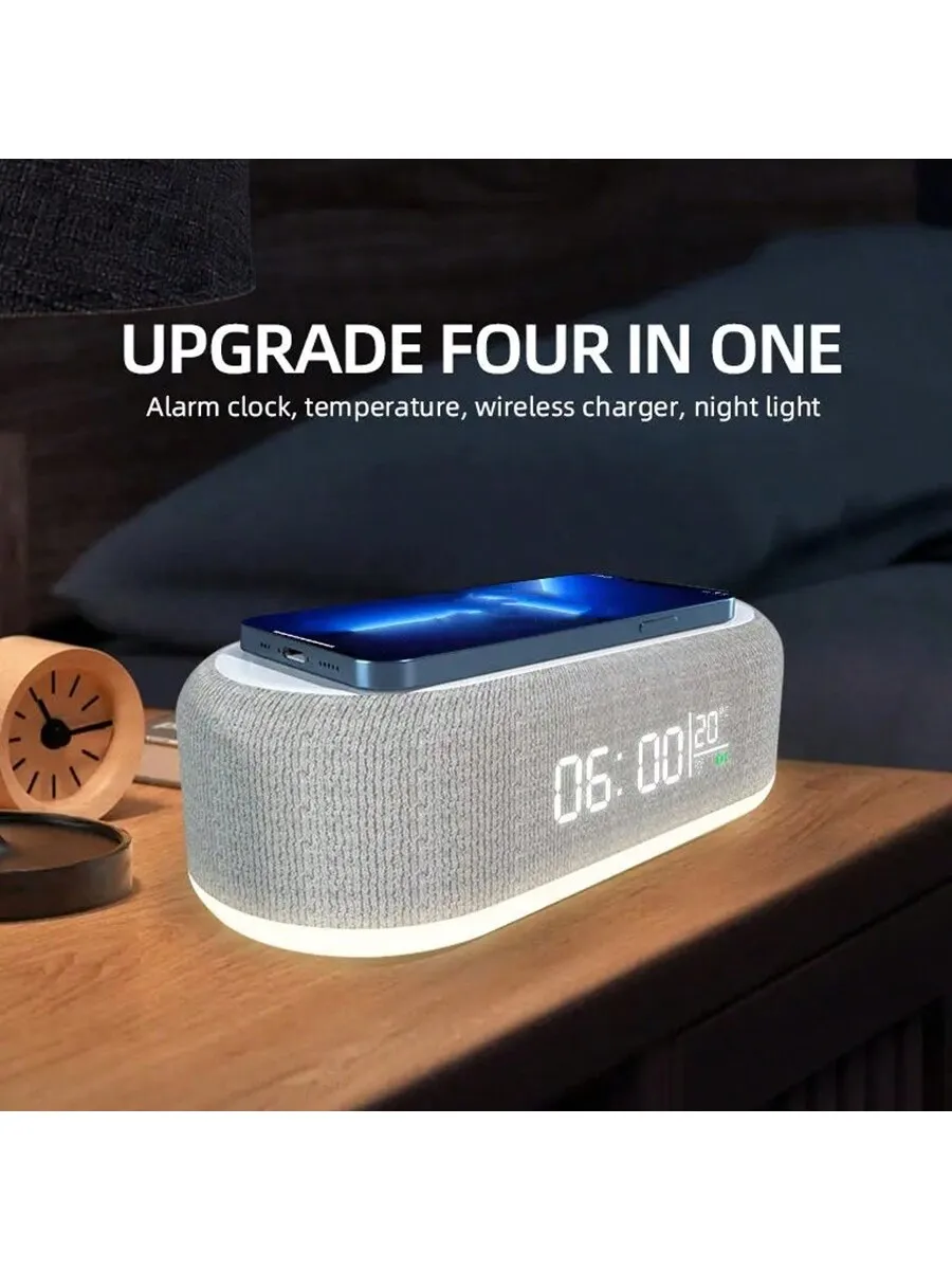 4-In-1 Digital Alarm Clock With Wireless Charger Night Light Temperature Display
4-In-1 Digital Alarm Clock With Wireless Charger Night Light Temperature Display